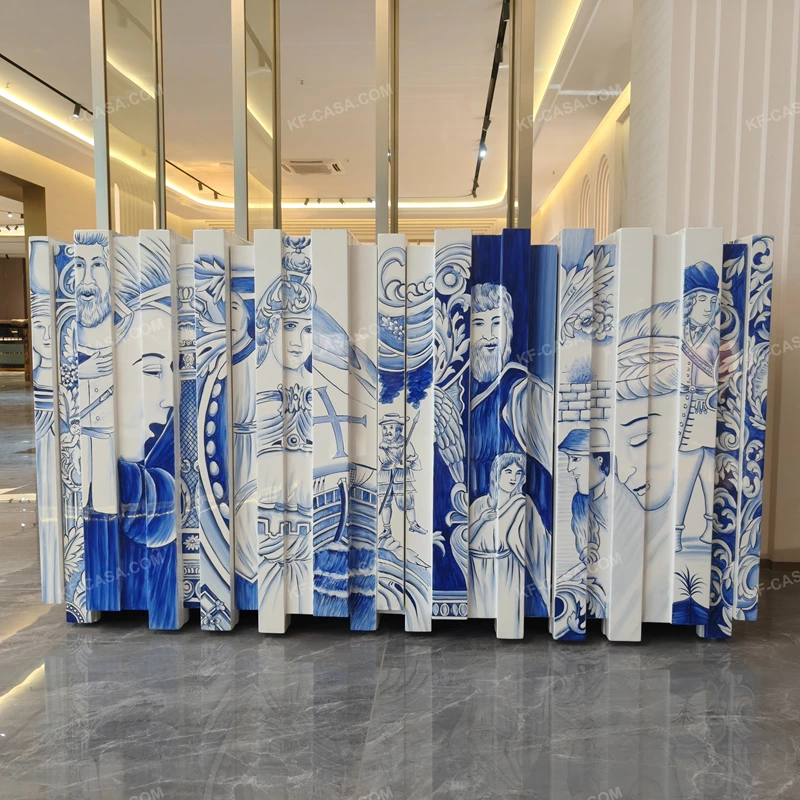 Artistic Blue-and-White Sideboard with Sculptural Layered Panels, Figurative Illustrations and Curved End Profile